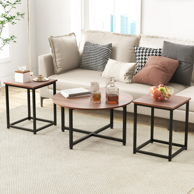 Costway Walnut Metal Coffee Table Set of 3 - Size: 92 x 87 x 16cm - Brown - Wilko - image 1