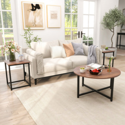 Costway Walnut Metal Coffee Table Set of 3 - Size: 92 x 87 x 16cm - Brown - Wilko - thumbnail 5
