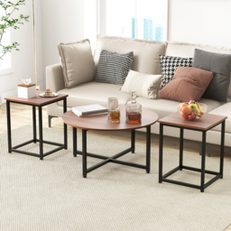 Costway Walnut Metal Coffee Table Set of 3 - Size: 92 x 87 x 16cm - Brown - Wilko