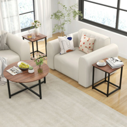Costway Walnut Metal Coffee Table Set of 3 - Size: 92 x 87 x 16cm - Brown - Wilko - thumbnail 6
