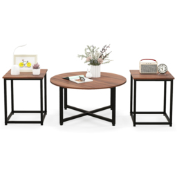 Costway Walnut Metal Coffee Table Set of 3 - Size: 92 x 87 x 16cm - Brown - Wilko - thumbnail 3