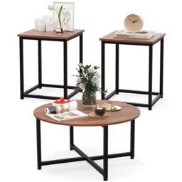Costway Walnut Metal Coffee Table Set of 3 - Size: 92 x 87 x 16cm - Brown - Wilko - thumbnail 4