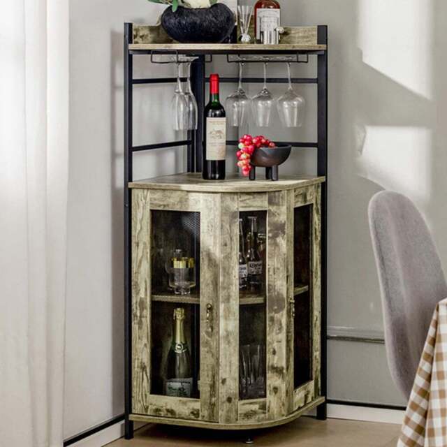 Costway 2 Door 2 Shelf Rustic Brown Industrial Corner Wine Bar Cabinet - Size: 139 x 55 x 16cm - Wilko - image 1