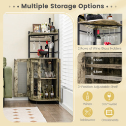 Costway 2 Door 2 Shelf Rustic Brown Industrial Corner Wine Bar Cabinet - Size: 139 x 55 x 16cm - Wilko - thumbnail 6
