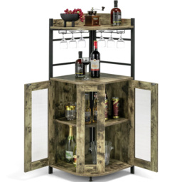Costway 2 Door 2 Shelf Rustic Brown Industrial Corner Wine Bar Cabinet - Size: 139 x 55 x 16cm - Wilko - thumbnail 4