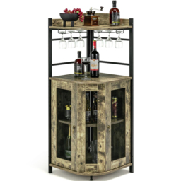 Costway 2 Door 2 Shelf Rustic Brown Industrial Corner Wine Bar Cabinet - Size: 139 x 55 x 16cm - Wilko - thumbnail 3