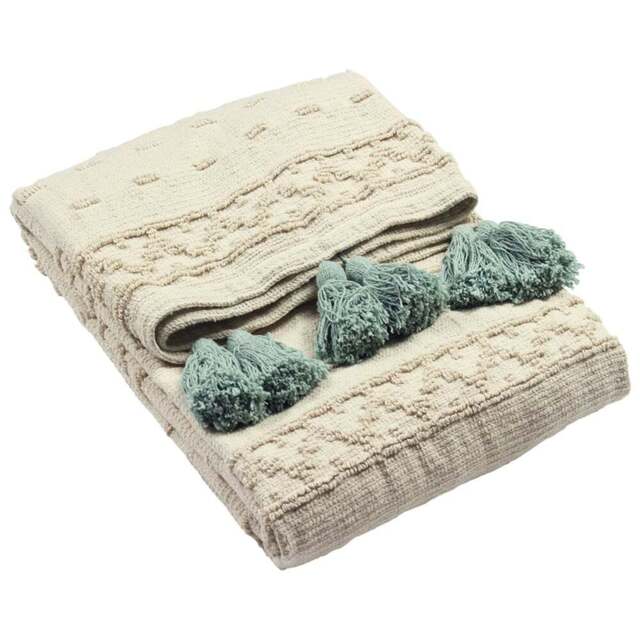 furn. Boho Seafoam Woven Tasselled Throw 130 x 180cm - Size: 180 x 130cm - Green - Wilko - image 1