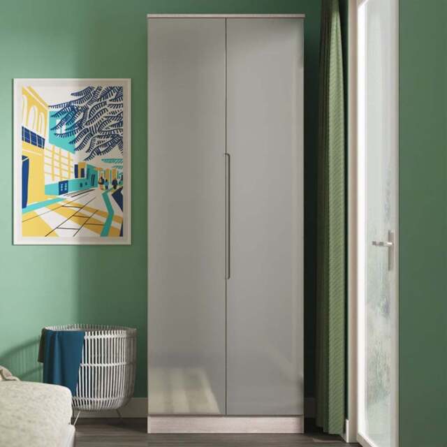 Crowndale Milan 2 Door Grey Gloss and Grey Oak Tall Wardrobe Ready Assembled - Grey Gloss & Grey Oak - Wilko - image 1