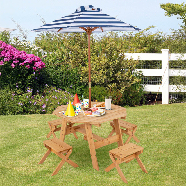 Costway 4 Seater Kids Picnic Dining Set with Adjustable Umbrella Natural - Cream - Wilko - image 1