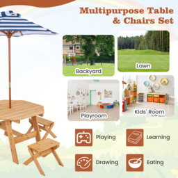 Costway 4 Seater Kids Picnic Dining Set with Adjustable Umbrella Natural - Cream - Wilko - thumbnail 7