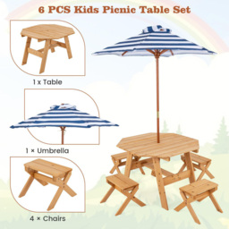 Costway 4 Seater Kids Picnic Dining Set with Adjustable Umbrella Natural - Cream - Wilko - thumbnail 5