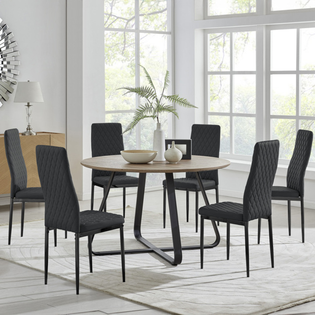 Furniturebox Fira Valera Wood Effect 6 Seater Round Dining Set Brown and Black - Wilko - image 1