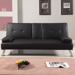 Brooklyn Italian Double Sleeper Black Faux Leather Sofa Bed with Cup Holder - Size: 2 Seater - Wilko