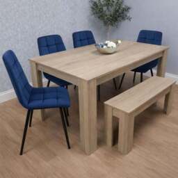 Kosy Koala 6 Seater Velvet Dining Bench Set Oak Effect and Blue - Multi - Portland - Wilko