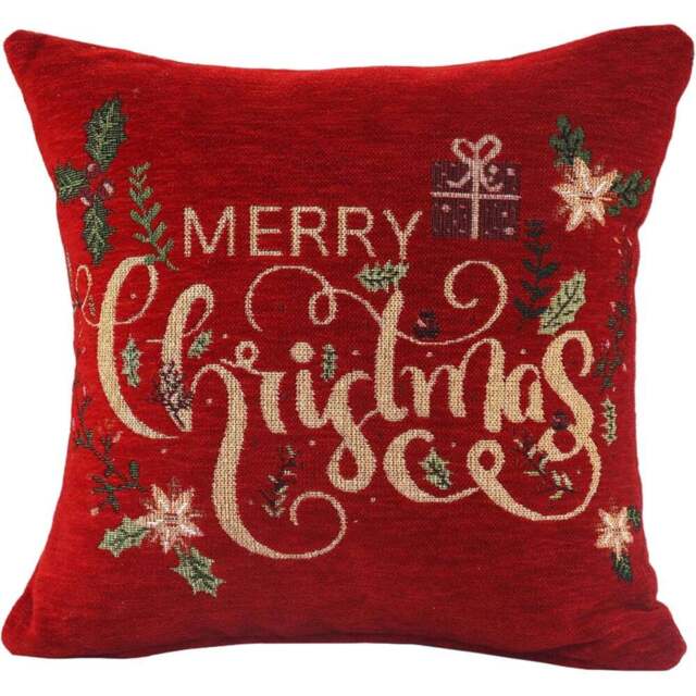 Noel Square Floral Merry Xmas Cotton Chenille Cushion - Size: 43 x 43 x 1cm - Red - Wilko - image 1
