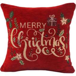 Noel Square Floral Merry Xmas Cotton Chenille Cushion - Size: 43 x 43 x 1cm - Red - Wilko