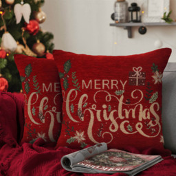 Noel Square Floral Merry Xmas Cotton Chenille Cushion - Size: 43 x 43 x 1cm - Red - Wilko - thumbnail 3
