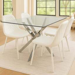 Kosy Koala 4 Seater Glass and Leather Rectangle Dining Table Set Chrome and White - Clear - Wilko - thumbnail 1