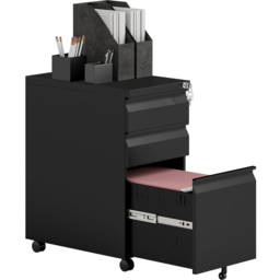 Vinsetto 3 Drawer Black Lockable Steel File Cabinet with Wheels - Wilko - thumbnail 3