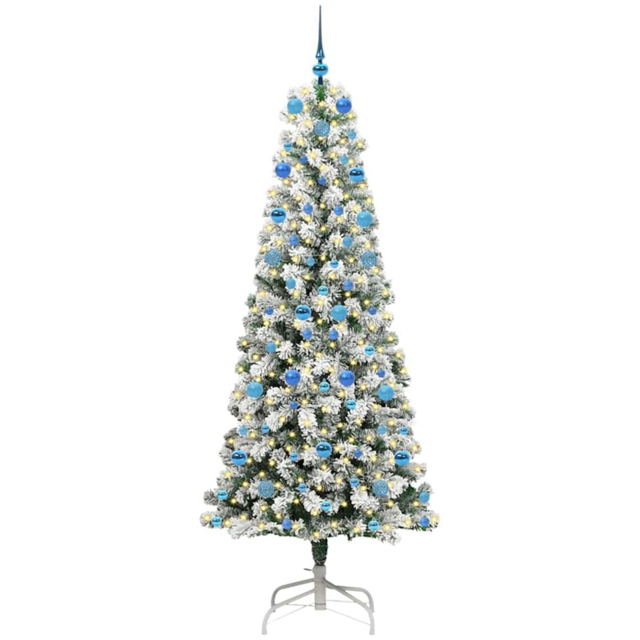 vidaXL Pre-Lit Warm White LED and Blue Baubles Snow Flocked Artificial Christmas Tree 6.8ft - Green - Wilko - image 1