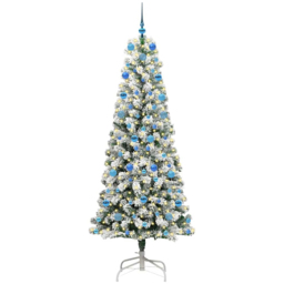 vidaXL Pre-Lit Warm White LED and Blue Baubles Snow Flocked Artificial Christmas Tree 6.8ft - Green - Wilko - thumbnail 1