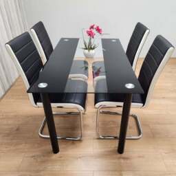 Kosy Koala 4 Seater Glass and Faux Leather Striped Design Dining Set Black and White - Portland - Wilko - thumbnail 1