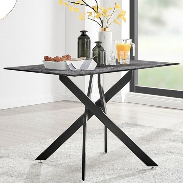 Furniturebox Tavalo 4 Seater Glass Dining Table Marble Effect and Black - Grey - Wilko - image 1