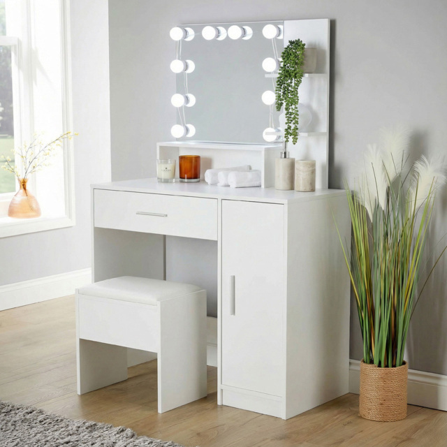 Home Source Sophie Single Door Single Drawer White Hollywood Dressing Table Set with LED Mirror - Size: 134 x 90 x 40cm - Wilko - image 1