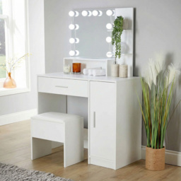 Home Source Sophie Single Door Single Drawer White Hollywood Dressing Table Set with LED Mirror - Size: 134 x 90 x 40cm - Wilko - thumbnail 1