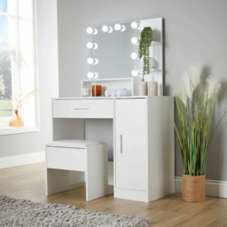 Home Source Sophie Single Door Single Drawer White Hollywood Dressing Table Set with LED Mirror - Size: 134 x 90 x 40cm - Wilko - thumbnail 4