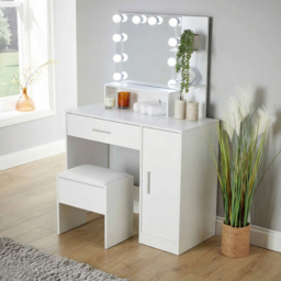 Home Source Sophie Single Door Single Drawer White Hollywood Dressing Table Set with LED Mirror - Size: 134 x 90 x 40cm - Wilko - thumbnail 3