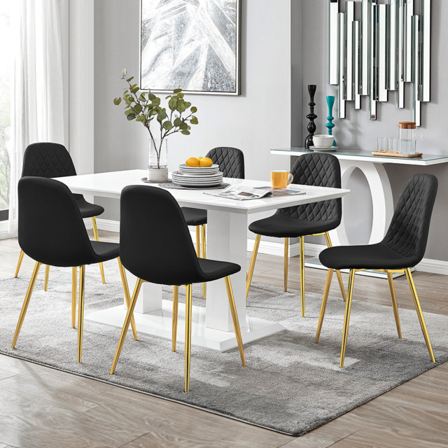 Furniturebox Molini Solara 6 Seater Dining Set White Gloss Black and Gold - Wilko - image 1