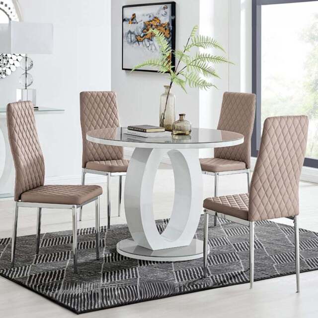 Furniturebox Lucia Valera 4 Seater Round Dining Set Grey Gloss Cappuccino and Chrome - Brown - Wilko - image 1