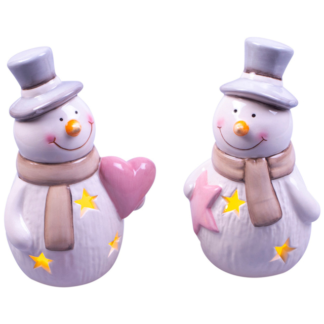 St Helens White Ceramic Light Up Snowmen Decoration 2 Pieces - Size: 7 x 10 x 14cm - Multi - Wilko - image 1