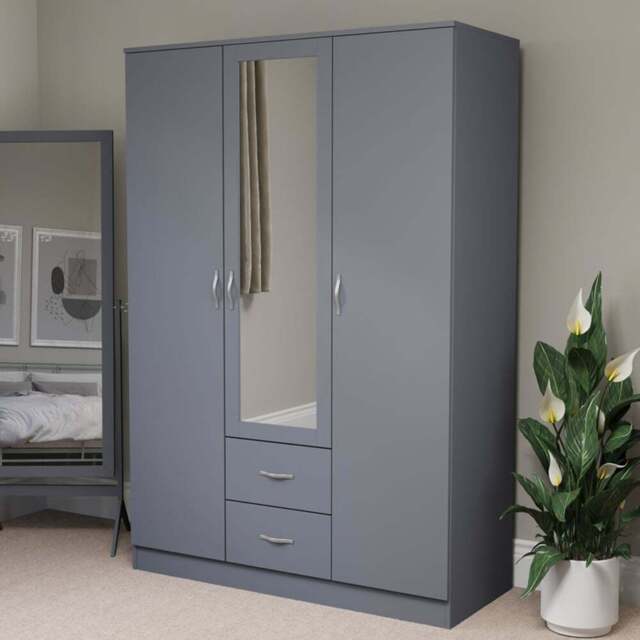 Vida Designs Riano 3 Door 2 Drawer Grey Mirror Wardrobe - Size: 3 Door, 2 Drawer - Wilko - image 1