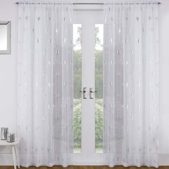 Tyrone Textiles Birch White Metallic Tree Print Pocket Header Voile Panel Curtains 140 x 183cm - Size: 183 x 140 x 1cm - Wilko - image 1
