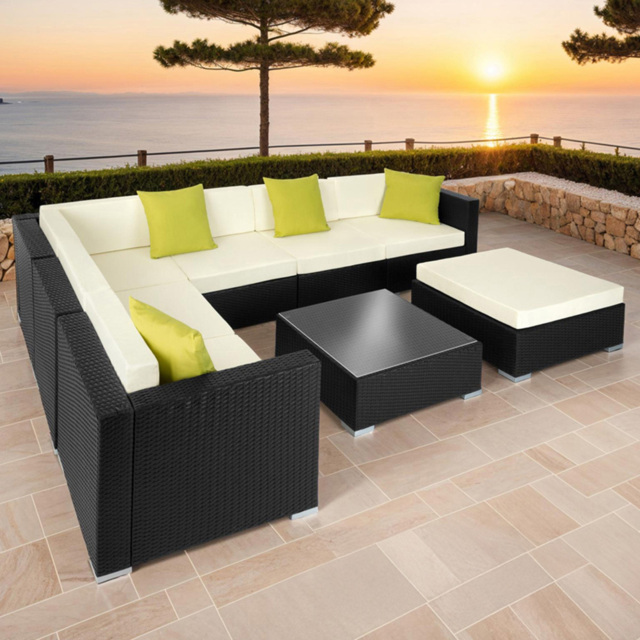 tectake Marbella 7 Seater Black Rattan Garden Corner Lounge Set - Wilko - image 1