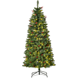 Everglow Warm White LED Pre-Lit Pencil Green Artificial Christmas Tree with Red Berries 5ft - Wilko - thumbnail 1