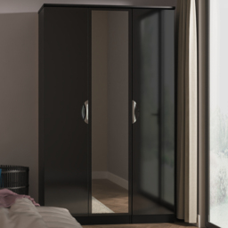 Crowndale Camden 3 Door Black Gloss and Black Mirrored Wardrobe Ready Assembled - Black Gloss & Black - Wilko