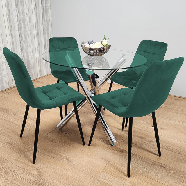 Kosy Koala 4 Seater Glass and Velvet Round Dining Table Set Chrome and Green - Clear - Wilko - image 1
