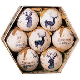 Marco Paul Stag Vintage Bauble 7 Pack - Size: 8 x 8 x 8cm - White - Wilko