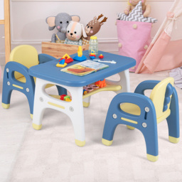 Costway 2 Seater Blue Kids Table and Chair Set with Shelf and Building Blocks - Size: 86 x 56 x 29cm - Wilko