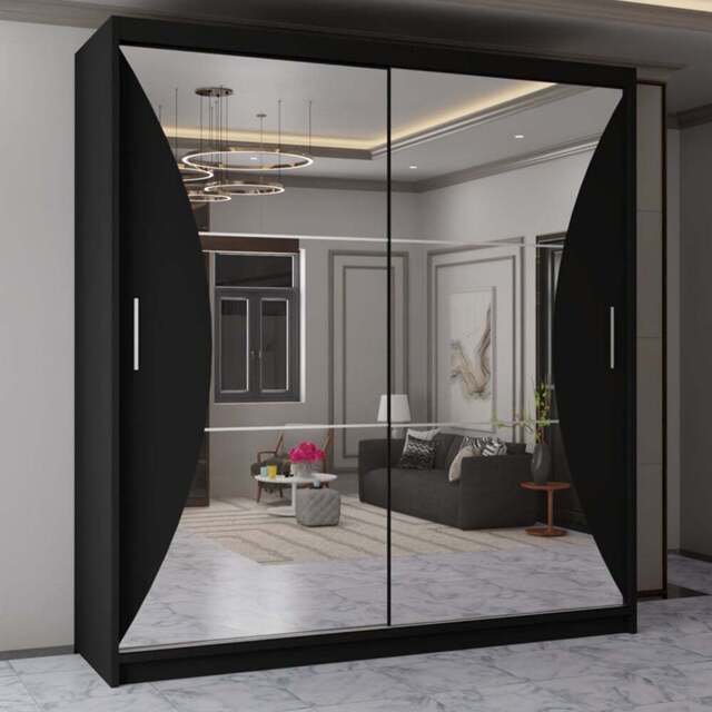 Sliding Wardrobes 4U California 2 Door Black Curved Mirrored Wardrobe 150cm - Wilko - image 1
