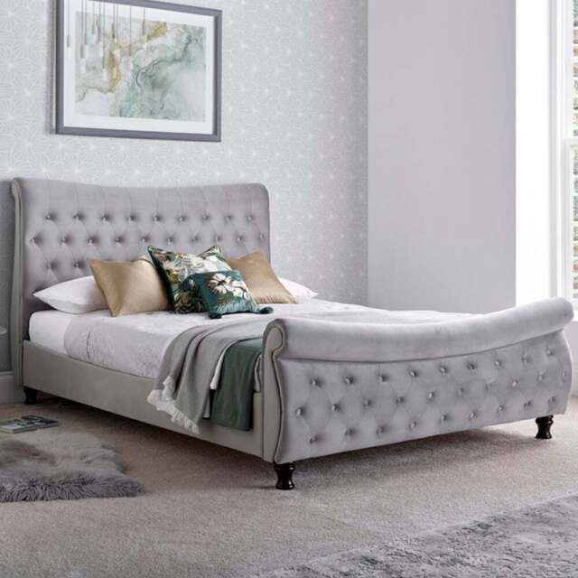 Oxford Double Grey Velvet Chesterfield Sleigh Bed - Bedmaster - Wilko - image 1