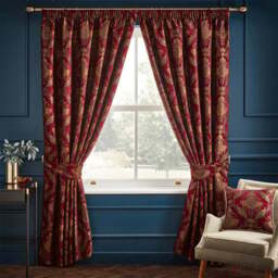 Paoletti Shiraz Burgundy and Brown Floral Jacquard Pencil Pleat Curtain 168 x 183cm - Size: W 183 x D 168cm - Wilko