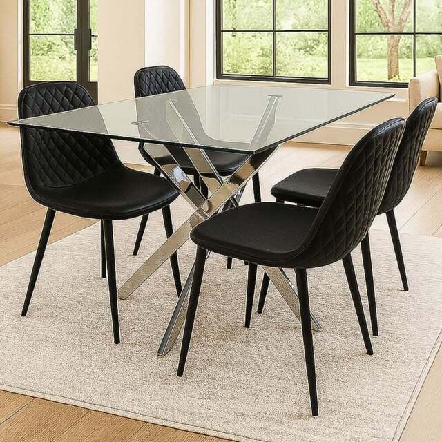 Kosy Koala 4 Seater Glass and Leather Rectangle Dining Table Set Chrome and Black - Clear - Wilko - image 1