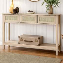 Living and Home 3 Drawer Rattan Rustic Wood Side Table - Size: 81.5 x 130.5 x 29.5cm - Brown - Wilko