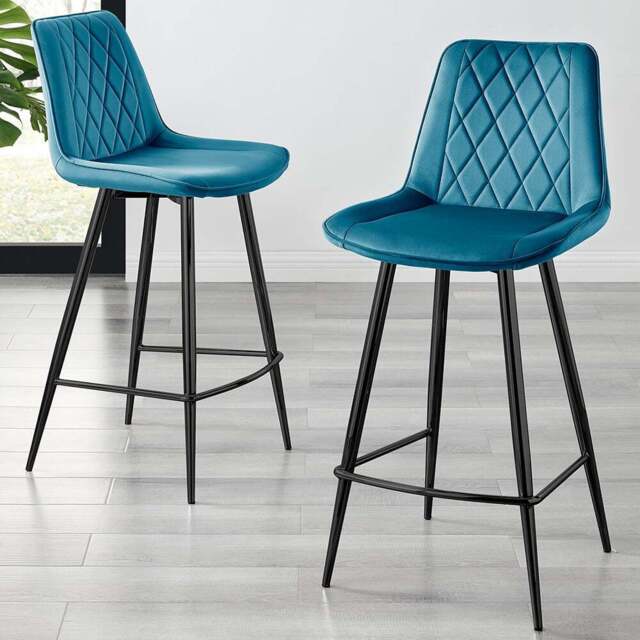Furniturebox Cesano Blue Velvet Black Legs Counter Stools Set of 2 - Wilko - image 1