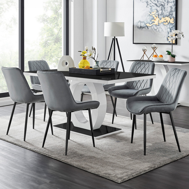 Furniturebox Lucia Cesano 6 Seater Dining Set Black Gloss and Grey - Wilko - image 1