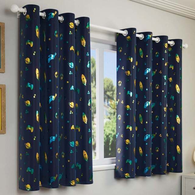 Enhanced Living Infinity Blue Metallic Print Kids Thermal Darkening Eyelet Curtains 117 x 183cm - Wilko - image 1